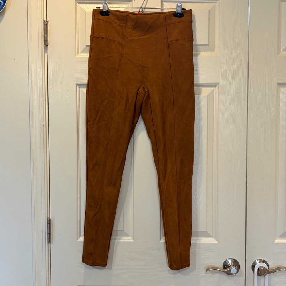 SPANX Women’s High Waist Rich Carmel Faux Suede Leggings Pull On Pants Large